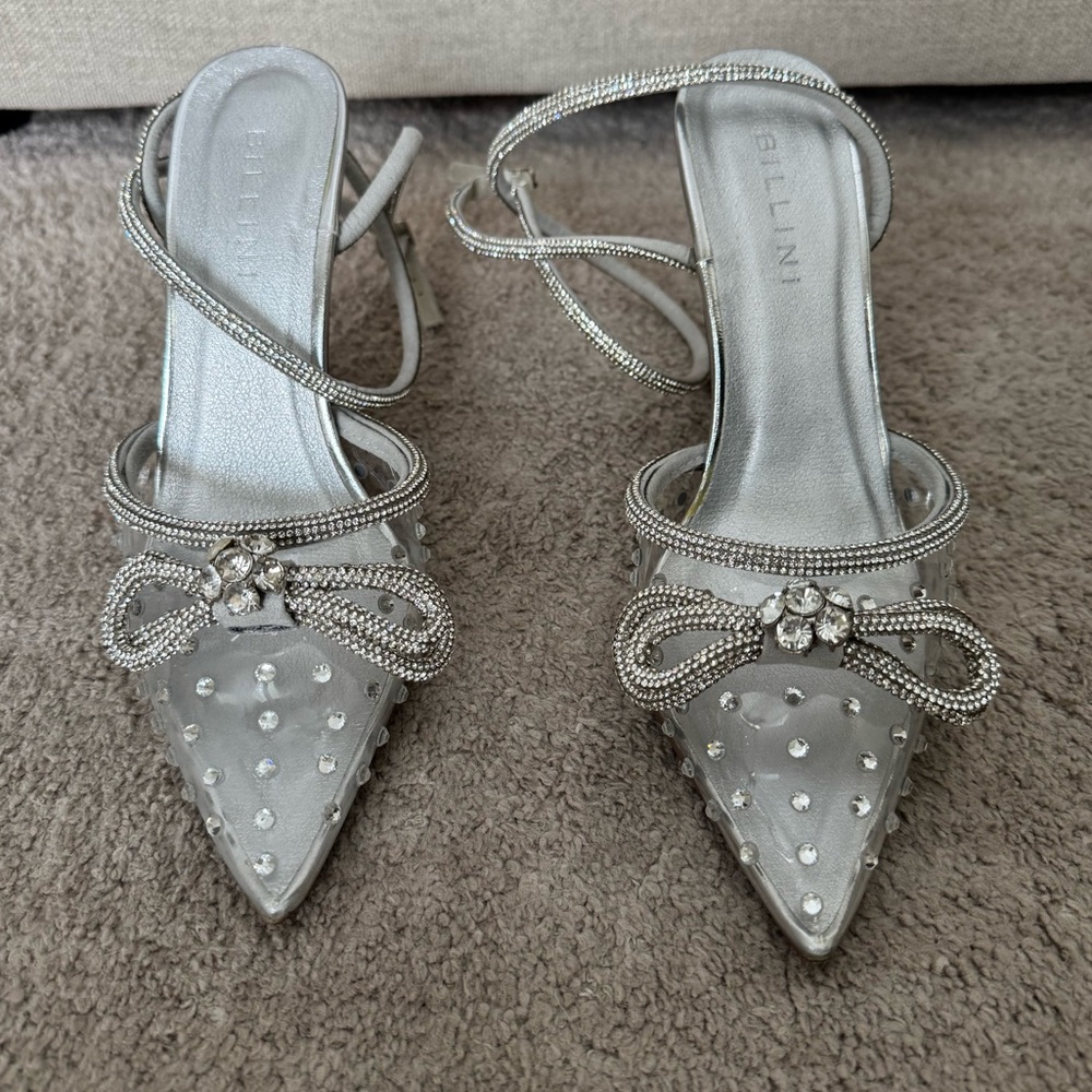 Bellini Silver Rhinestone Bow Pointed-Toe Heels
